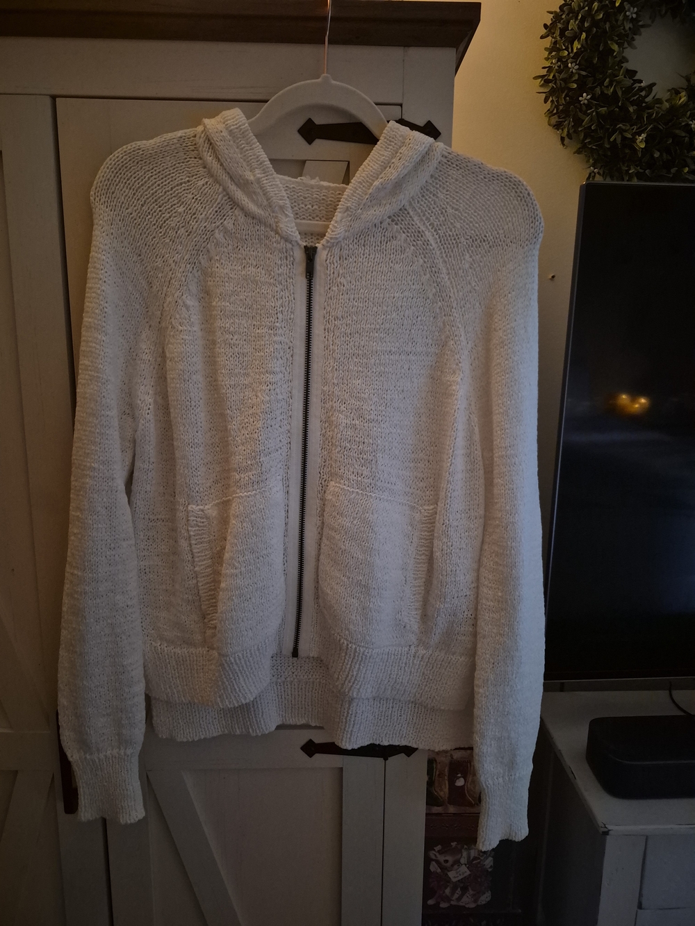 Women's WHITE Zip-Up Knit Hoodie Sweater/Cardigan L